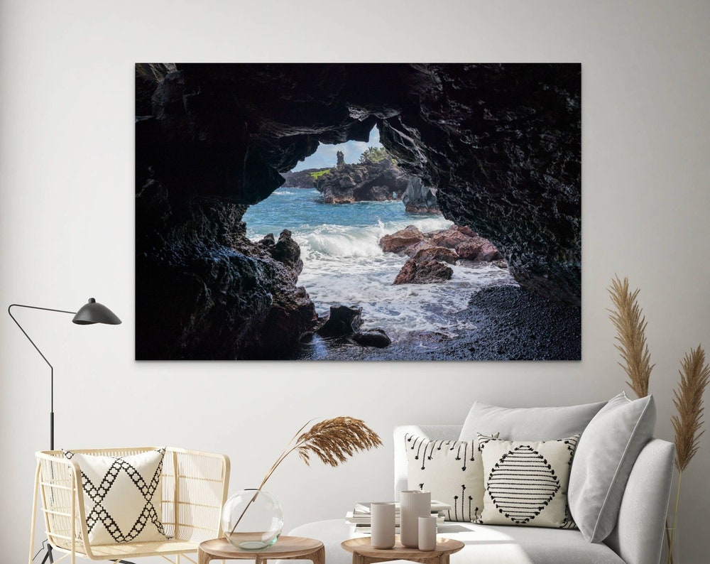 Maui Black Sand Beach Metal Print: Coastal Ocean Cave Wall Art